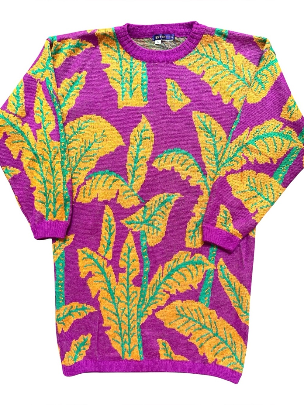VINTAGE ESPRIT SPORT 80s Sweater Dress Size S Leaf Print Fuchsia Orange Green